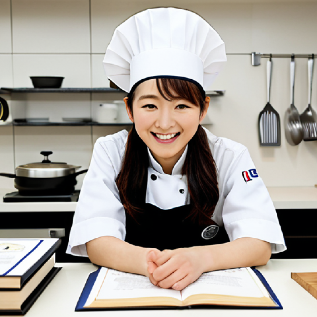 Diverse Culinary Qualifications**

A bright, modern kitchen setting. A young Japanese woman, fully clothed in appropriate chef's attire, smiles while surrounded by textbooks and certificates related to various culinary qualifications: Korean cuisine (Hangul Cooking Technician), French cuisine, pastry making, and nutrition. Safe for work, appropriate content, family-friendly, perfect anatomy, natural proportions, professional presentation. The scene should convey a sense of opportunity and career exploration.

**