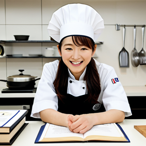 Diverse Culinary Qualifications**

A bright, modern kitchen setting. A young Japanese woman, fully clothed in appropriate chef's attire, smiles while surrounded by textbooks and certificates related to various culinary qualifications: Korean cuisine (Hangul Cooking Technician), French cuisine, pastry making, and nutrition. Safe for work, appropriate content, family-friendly, perfect anatomy, natural proportions, professional presentation. The scene should convey a sense of opportunity and career exploration.

**