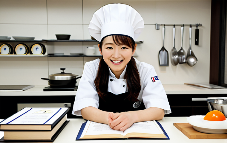 Diverse Culinary Qualifications**

A bright, modern kitchen setting. A young Japanese woman, fully clothed in appropriate chef's attire, smiles while surrounded by textbooks and certificates related to various culinary qualifications: Korean cuisine (Hangul Cooking Technician), French cuisine, pastry making, and nutrition. Safe for work, appropriate content, family-friendly, perfect anatomy, natural proportions, professional presentation. The scene should convey a sense of opportunity and career exploration.

**