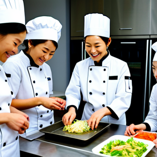 **

A professional female chef in a clean, modern kitchen, wearing a chef's coat, smiling as she teaches a small group of students how to prepare kimchi. Fully clothed, appropriate attire, safe for work, perfect anatomy, natural proportions, professional photography, high quality, modest clothing, family-friendly. The scene should convey a warm and inviting atmosphere.

**