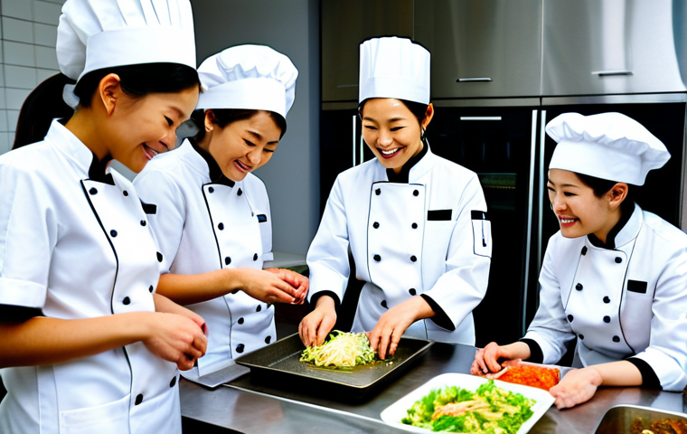 **

A professional female chef in a clean, modern kitchen, wearing a chef's coat, smiling as she teaches a small group of students how to prepare kimchi. Fully clothed, appropriate attire, safe for work, perfect anatomy, natural proportions, professional photography, high quality, modest clothing, family-friendly. The scene should convey a warm and inviting atmosphere.

**