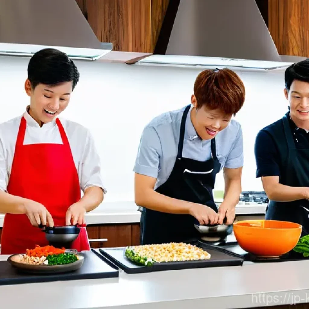 한식조리기능사 실기 연습실 대여 정보 - **Prompt 1: Lively Korean Cooking Class**
    A group of five young adults, approximately 16-20 year...