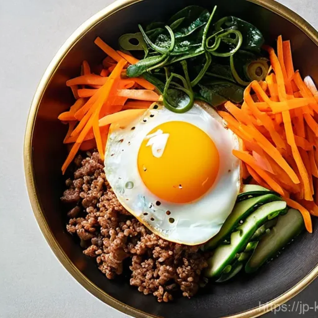 한식조리기능사 합격 꿀팁 - A close-up, top-down view of a beautifully prepared Bibimbap, served in a traditional Korean brass b...