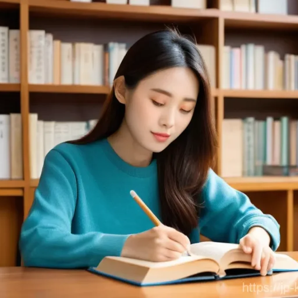 한식조리기능사 필기 합격 전략 - **A Japanese woman studying diligently for the "Korean Food Cooking Technician" (韓食調理技能士) written ex...