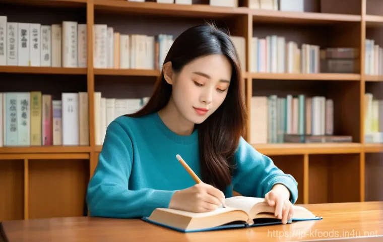 한식조리기능사 필기 합격 전략 - **A Japanese woman studying diligently for the "Korean Food Cooking Technician" (韓食調理技能士) written ex...