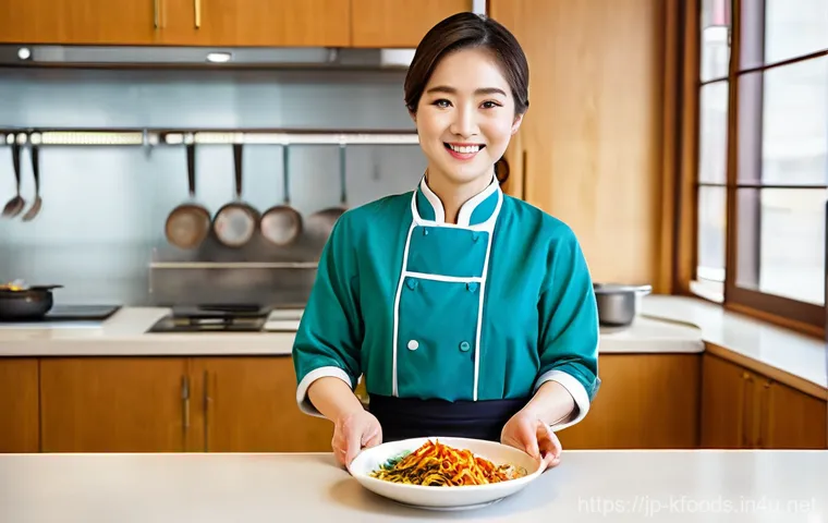 한식조리기능사 필기 합격 전략 - **An aspiring chef, a Japanese person in their mid-20s to 30s, expertly preparing a vibrant Korean d...