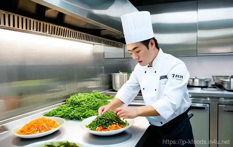 한식조리기능사 자격증과 요리대회 준비 - **A focused student mastering Korean cuisine:** A young adult, dressed in a clean, white chef's jack...