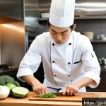 한식조리기능사 실기 연습 실패 사례 - A focused young Japanese chef in a modern kitchen, wearing a clean white chef&rsquo;s uniform and apron, c...