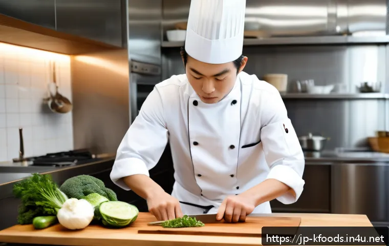 한식조리기능사 실기 연습 실패 사례 - A focused young Japanese chef in a modern kitchen, wearing a clean white chef&rsquo;s uniform and apron, c...