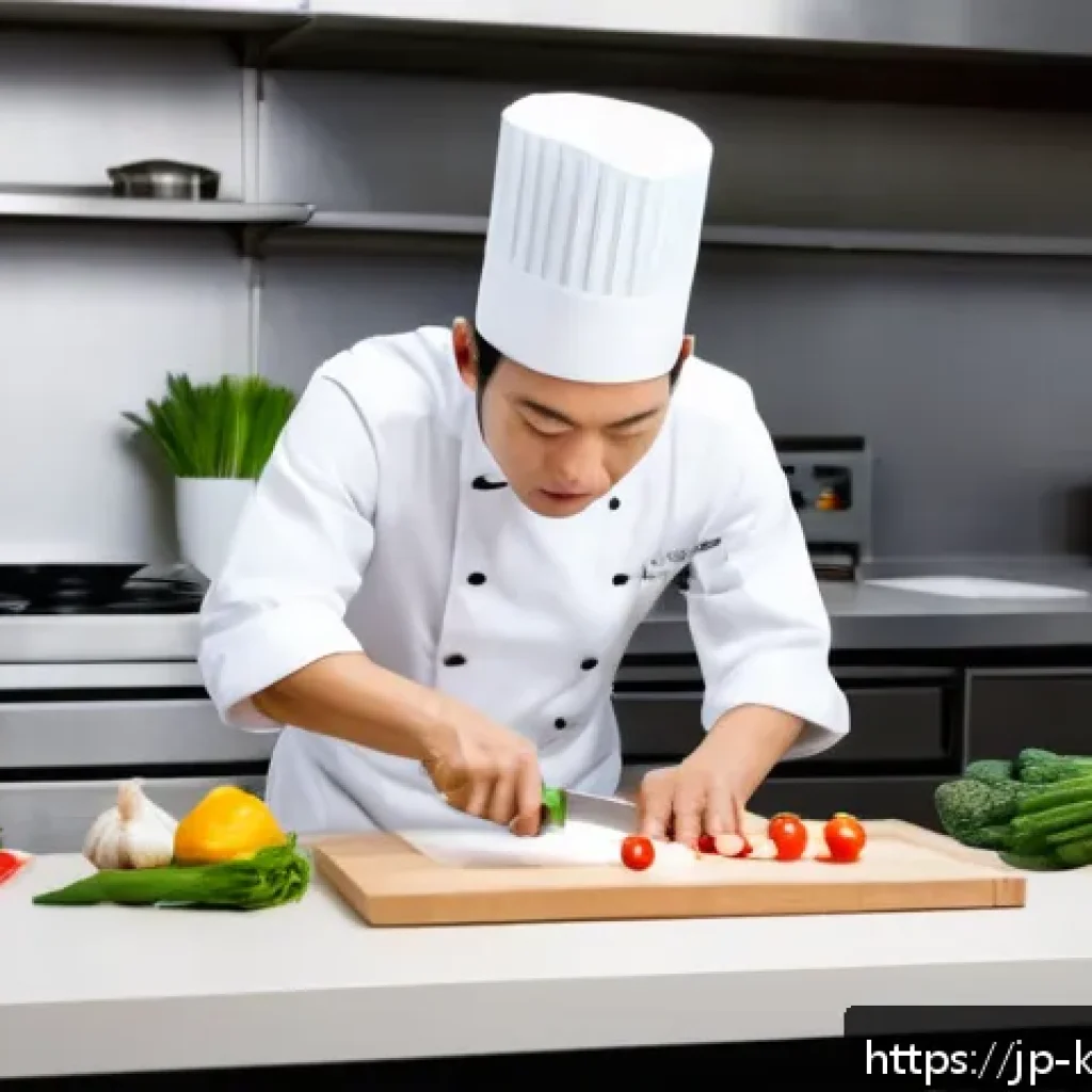 한식조리기능사 실기 시험 채점 기준 - A professional Japanese chef in a clean, organized kitchen carefully following a detailed recipe, we...