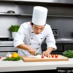 한식조리기능사 실기 시험 채점 기준 - A professional Japanese chef in a clean, organized kitchen carefully following a detailed recipe, we...