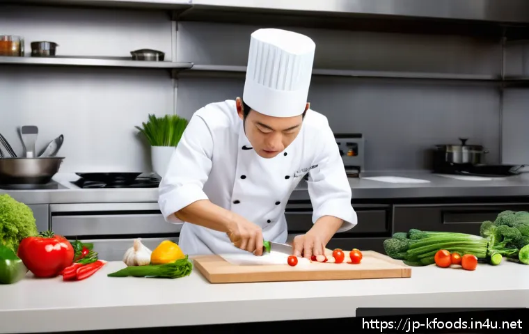 한식조리기능사 실기 시험 채점 기준 - A professional Japanese chef in a clean, organized kitchen carefully following a detailed recipe, we...
